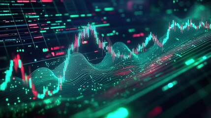 Poster - abstract financial data visualization with glowing graphs and digital elements in green and red tone