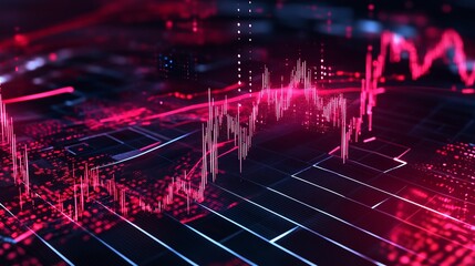 Poster - abstract financial data visualization with vibrant red and blue colors on a digital background.