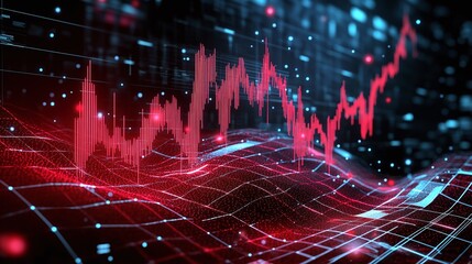 Poster - abstract financial graph showcasing data trends with red and blue elements on a digital background.