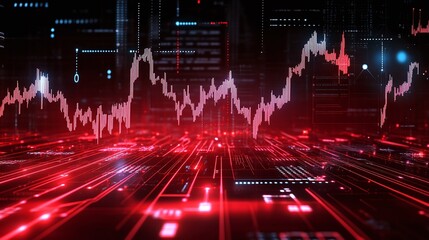 Poster - abstract financial trading graph on a futuristic red background, symbolizing market fluctuations and