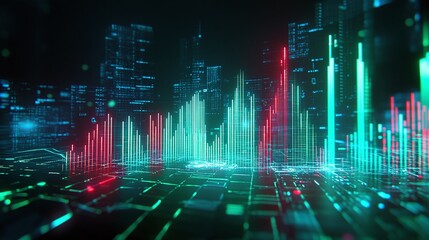 Poster - abstract futuristic city skyline with digital graphs and colorful lighting effects.
