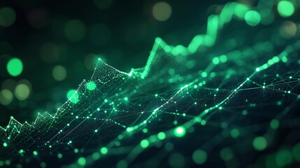 Poster - abstract green data visualization with dots and lines, showcasing dynamic digital spread on a dark b
