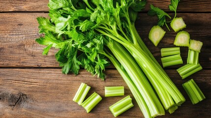 Freshly sliced green celery on a wooden surface