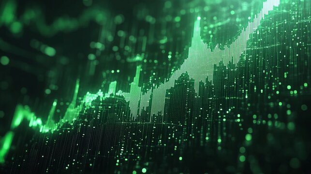 Abstract green data visualization with rising graphs and digital elements on a dark background.