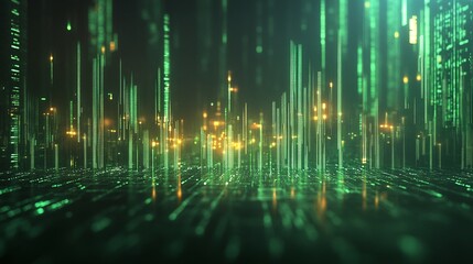 Poster - abstract green digital data visualization with glowing lights, representing technology and innovatio