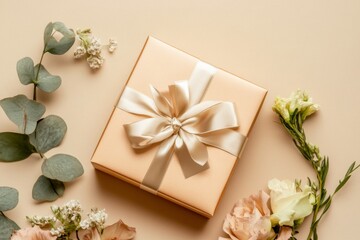 Wall Mural - Ribbon bow on kraft paper gift box over shiny sequins on an isolated beige background