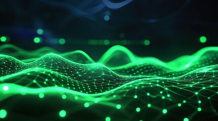 Wall Mural - Abstract green digital wave with glowing particles creating a futuristic tech background.