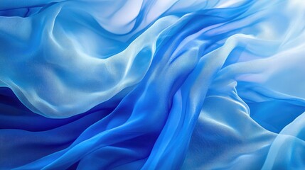 Poster - Stunning abstract background featuring flowing blue and light blue fabric waves with shimmering textures and paint strokes enhanced by depth of field and a sense of volume