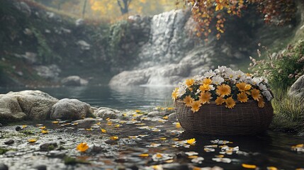 Sticker - Waterfall and Flowers in a Tranquil Forest