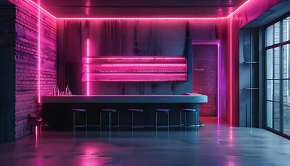 Futuristic dark room with neon glowing shapes and modern architecture in a 3D space, featuring grunge textures and vibrant purple and pink lighting effects