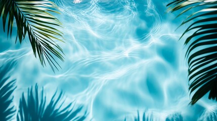 Wall Mural - Bright blue pool water with soft ripples, highlighted by tropical leaves' shadows gently swaying on the surface