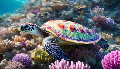 Intricate Beauty of a Sea Turtle Amidst Vibrant Coral Reef