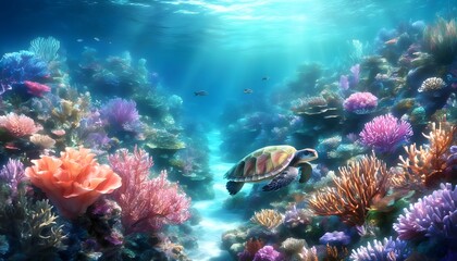 Wall Mural - Graceful Green Sea Turtle Gliding Through Colorful Coral Reef