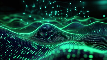 Poster - abstract green waves with glowing data particles flowing through a digital landscape.
