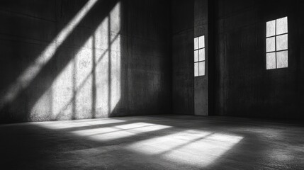 Poster - vacant interior of a dark concrete room illuminated by window light