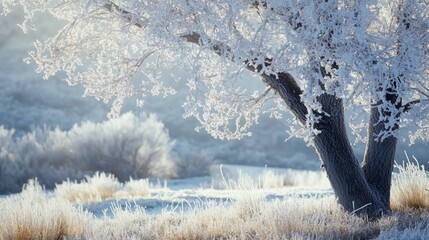 Poster - A close up of a frosted tree and meadow showcasing the enchanting texture created by hoarfrost and snow under gentle winter light