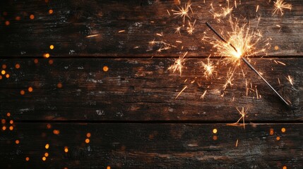 Poster - Panoramic banner featuring fireworks sparklers and bokeh lights on rustic wooden texture top view with space for text