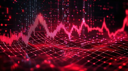 Poster - abstract red graph visualizing data trends and fluctuations in a digital space.