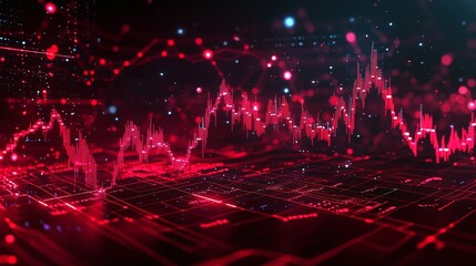 Poster - abstract red technology background with data visualization and graph elements.