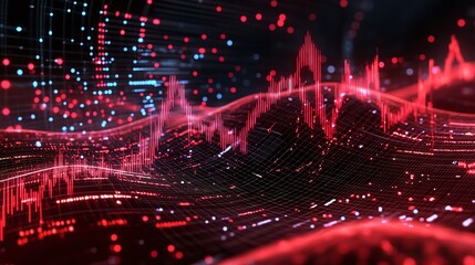 Poster - abstract red wave pattern with glowing particles, representing data flow and digital connections.