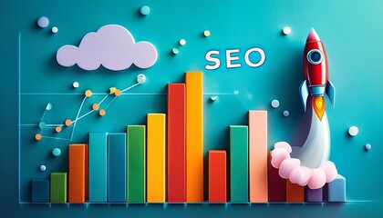Rocket flying over the colorful graphs and charts representing SEO