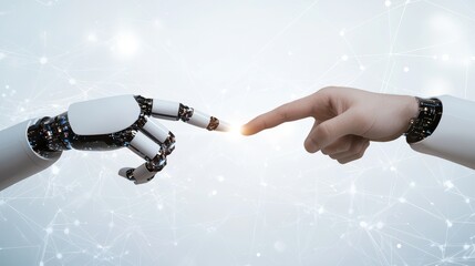 Poster - In this image, a human finger delicately touches a robot's metallic finger. Concept of harmonious coexistence of humans and AI technology.