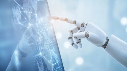 Poster - An image depicting a human finger delicately touching the finger of a robot's metallic finger. Concept of harmonious coexistence between humans and stock,