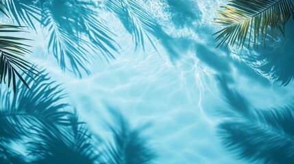 Wall Mural - Gentle aqua waves with tropical leaves casting shadows on a bright blue background, rippling water pool texture top view