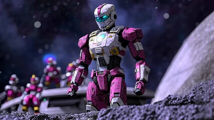 Poster - Group of Vibrant Robotic Figures Stands on a Lunar Surface Generative AI