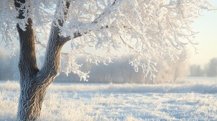 Poster - A close up of a frosted tree and meadow showcasing the enchanting texture created by hoarfrost and snow under gentle winter light