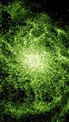 Aufkleber - Green illuminated particles in a form of giant field in fast motion. Animation. Abstract glowing field with energy epicenter that spreading rays of light on black background, seamless loop.