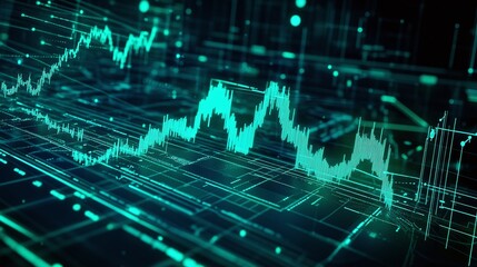 Poster - abstract representation of digital data trends with green lines against a dark background.