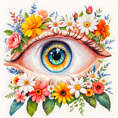 Illustration of art Eye with cute flowers on white background.