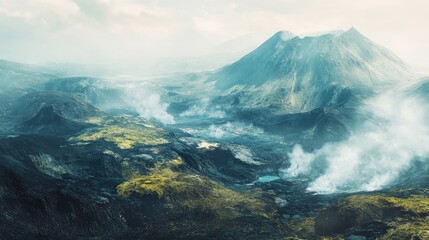 A captivating volcanic landscape featuring rugged terrain steam vents and active volcanic features showcasing the striking power and geological marvels of such regions