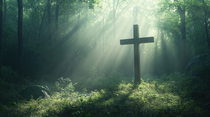 Wall Mural - wooden cross bathed in soft light amid a verdant forest with sunlight streaming through the trees ev