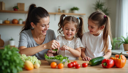 Happy family with little children preparing salad together, engaged in their culinary activity teamwork and joy of cooking with fresh vegetables healthy and nutritious nature of meal