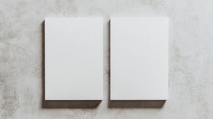 Two blank white rectangular poster mockups stacked with soft shadows on a neutral light gray concrete surface Flat lay perspective