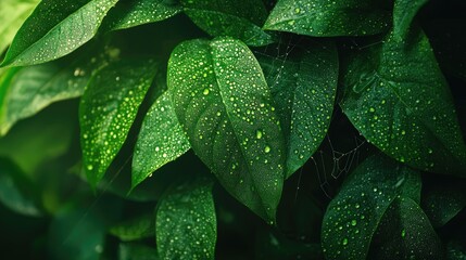 Thick green leaves adorned with dew covered spider webs featuring a high resolution wide banner and ample empty space for text on the right Abstract jungle background