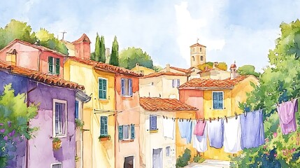 Wall Mural - Watercolor Painting of a Colorful European Town with Clothes Hanging on a Clothesline.