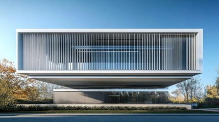 Poster - Contemporary architectural design featuring a three story rectangular structure with sleek thin horizontal wave like louvers