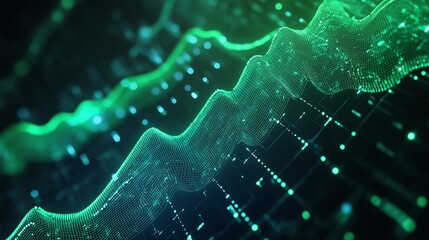 Poster - abstract visualization of data waves and digital signals in green tones.