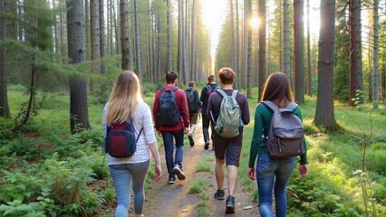 Kids taking a nature hike through a lush forest, exploring the beauty of the outdoors. The trail lead to a serene clearing