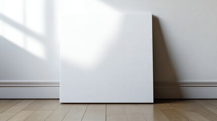 Poster - Blank art canvas mockup placed on a laminate floor in front of a white wall