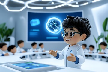 Aufkleber - A 3D-rendered virtual classroom with students attending an e-learning session, where the teacherâ€™s avatar interacts with 3D learning materials