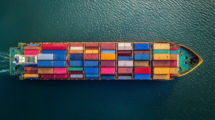 Wall Mural - Aerial View of Massive Cargo Container Ship at Busy Seaport Terminal with Logistics Space