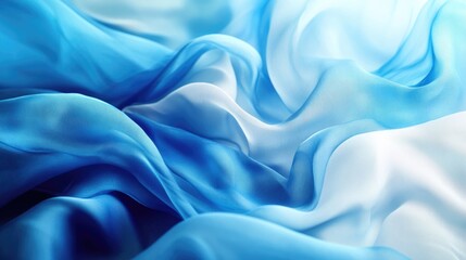 Poster - Stunning abstract background featuring flowing blue and light blue fabric waves with shimmering textures and paint strokes enhanced by depth of field and a sense of volume