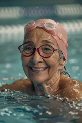 Wall Mural - A senior lady enjoying time at the swimming pool while wearing goggles for protection