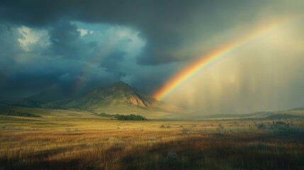 mountain adorned with a vibrant rainbow under a cloudy sky above tranquil fields nature s beauty unv