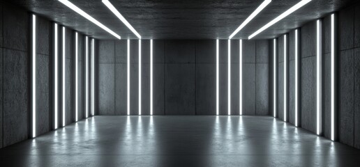 Poster - An empty grunge concrete modern room ceiling with white led lights in a rectangular shape hall garage with an underground industrial background in 3D