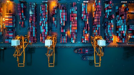 Wall Mural - Aerial View of Bustling Container Terminal with Cargo Ships and Shipping Cranes